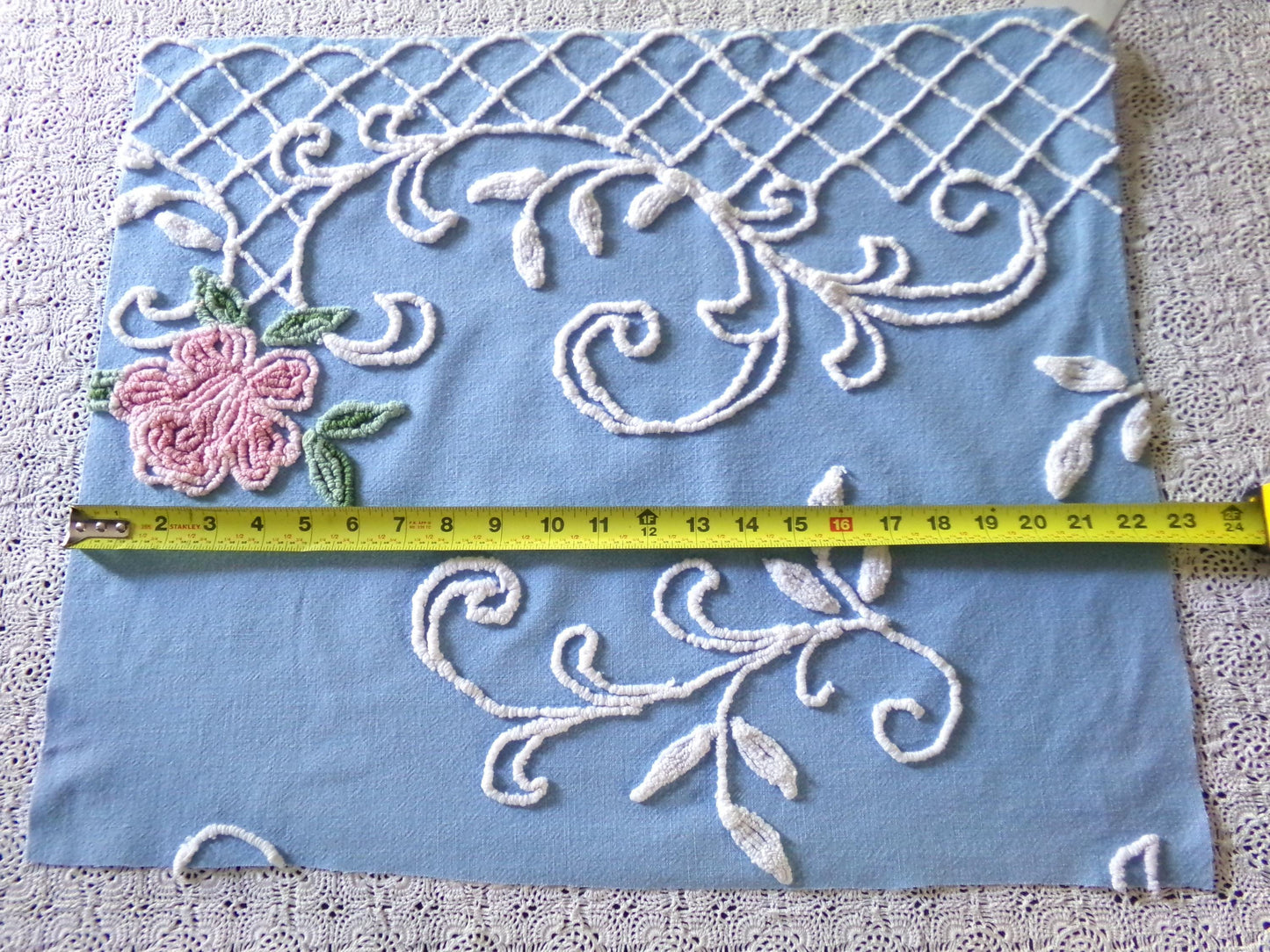 shabby chic pink rose vintage chenille fabric, pretty blue background, dainty white scrollwork, 18" x 22" piece of sewing material