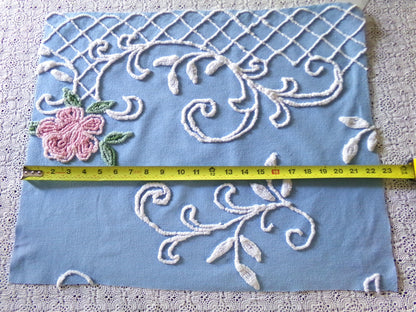 shabby chic pink rose vintage chenille fabric, pretty blue background, dainty white scrollwork, 18" x 22" piece of sewing material