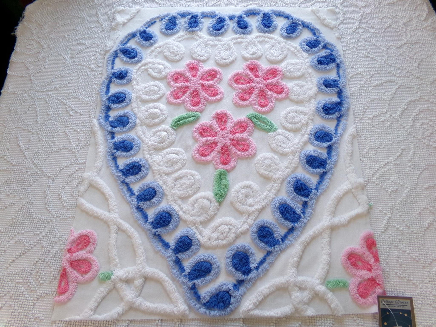 shabby heart vintage chenille fabric, pink roses w/ blue curlicue swirls, 18" x 22" piece of sewing material great for pillow