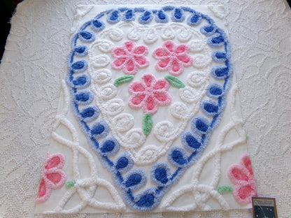 shabby heart vintage chenille fabric, pink roses w/ blue curlicue swirls, 18" x 22" piece of sewing material great for pillow