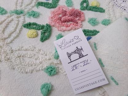 vintage chenille bedspread fabric cottage style pink rose jade green pops 26x22"