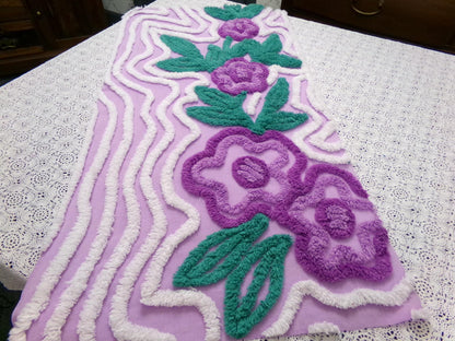 Violet Roses Vintage Chenille Bedspread Fabric 16x32" Sweeping White Waves