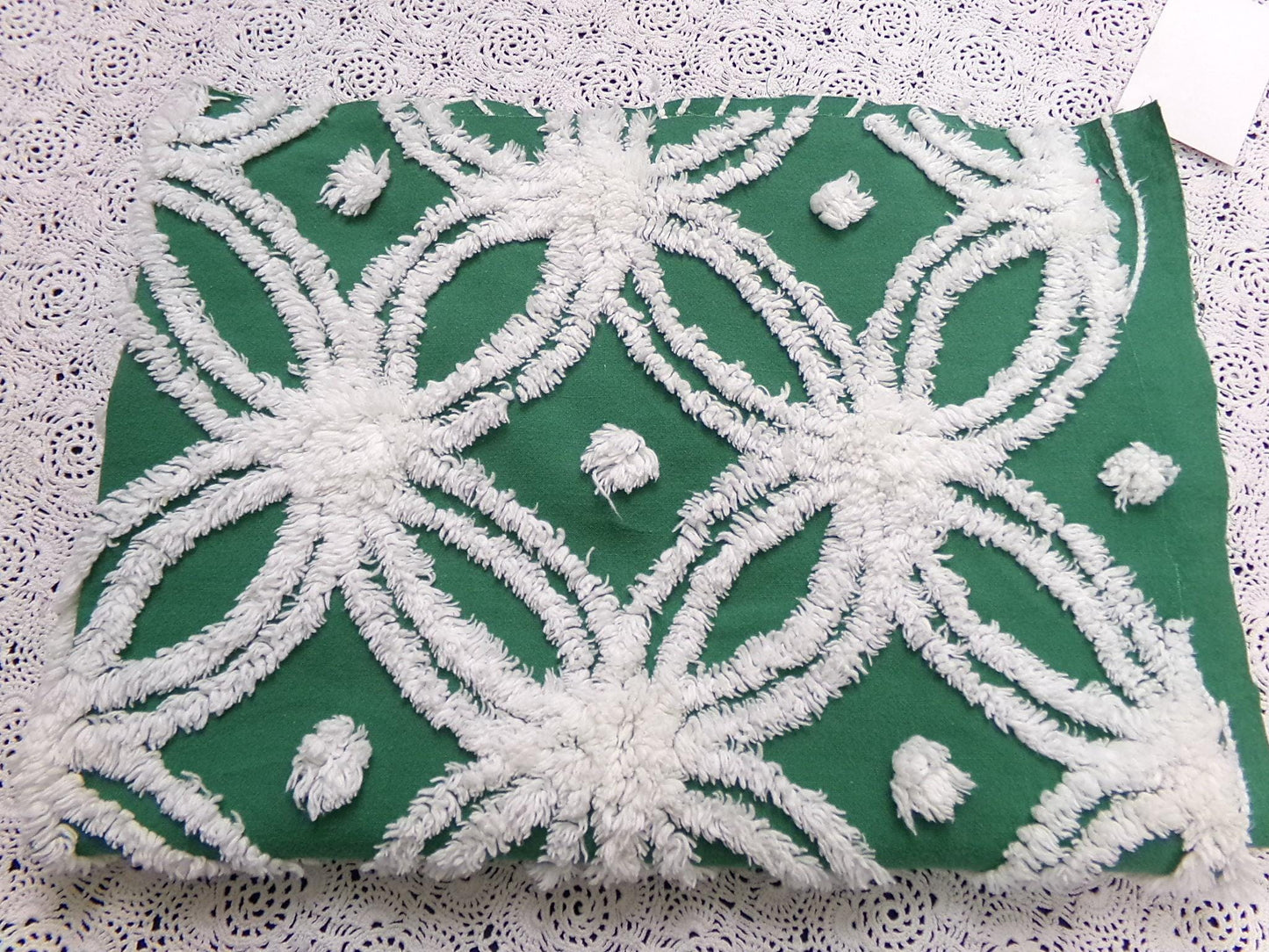Evergreen Vintage Chenille Fabric, White Wedding Rings & Dots, 20x27" Piece