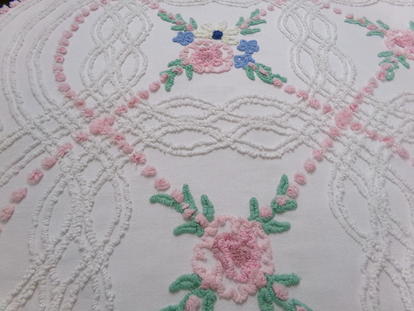 Shabby Wildflowers Vintage Chenille Fabric, pink rose floral sewing material, 20" x 32"