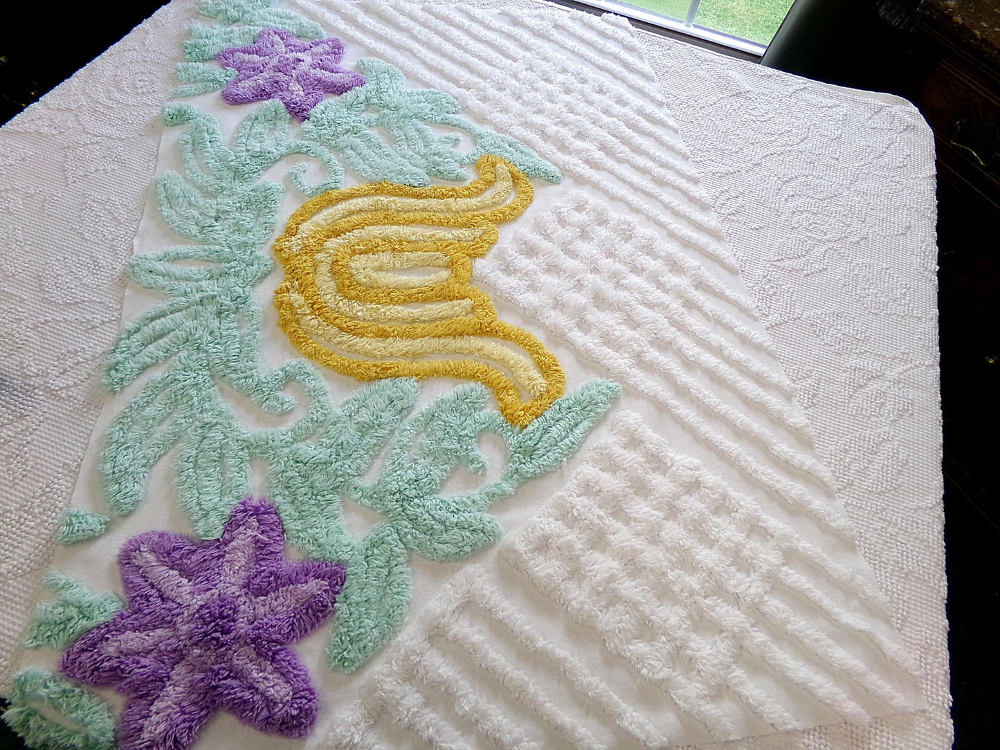 giant tulip vintage chenille fabric w/ purple star flowers on white cotton, 19" x 29" piece of sewing material