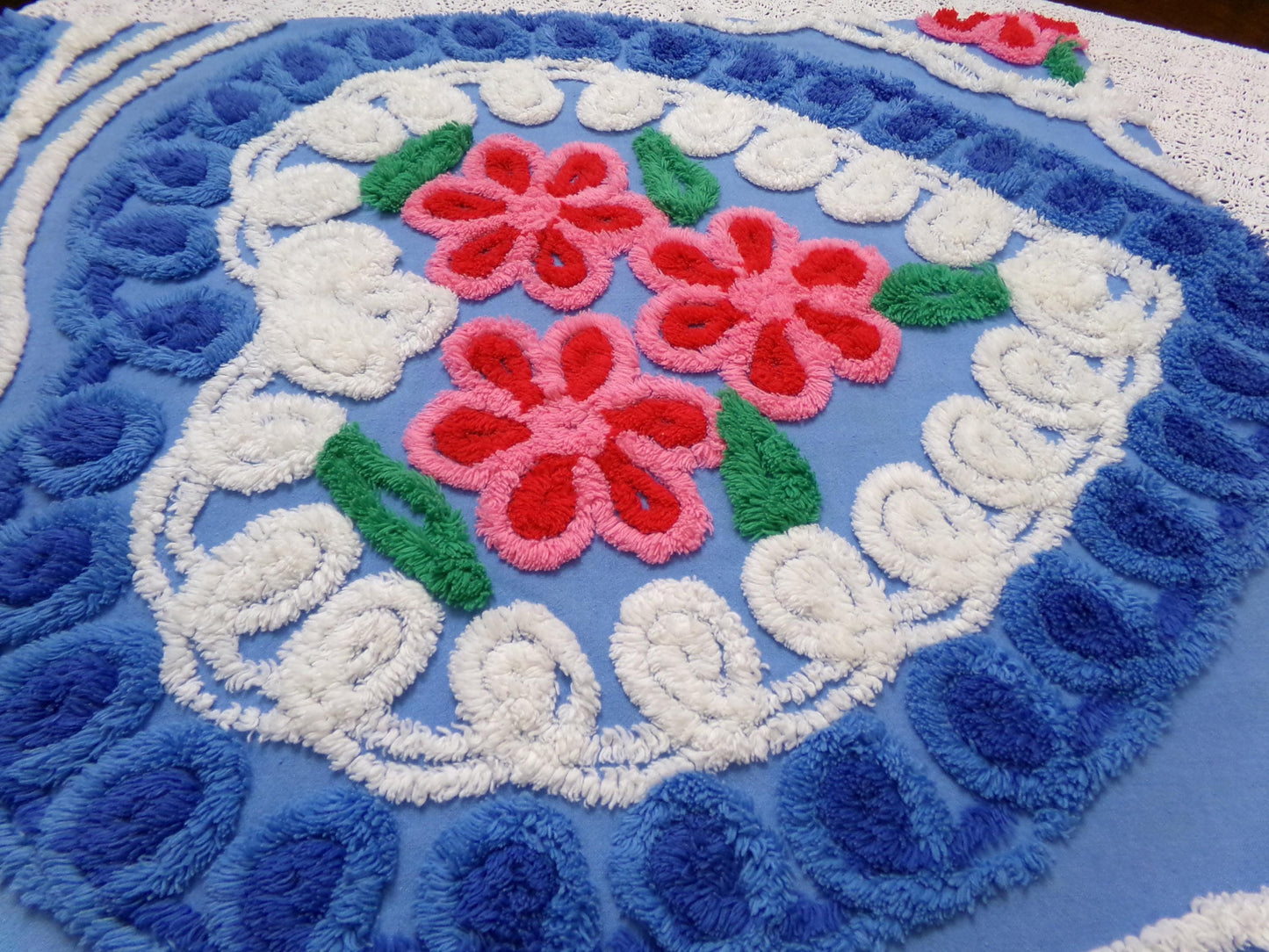 American Spirit Vintage Chenille Fabric Blue Floral Heart Scroll 19x24"
