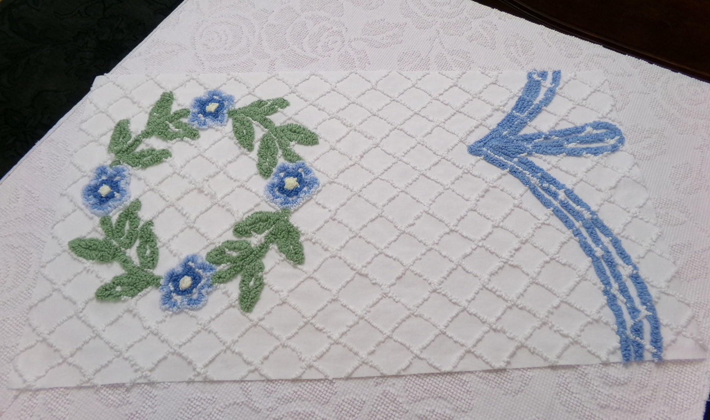 Floral Wreath Vintage Chenille Fabric, Blue & White Sewing Material 15" x 28" Piece