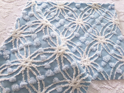 mystic coast blue vintage chenille fabric, 20" x 25" piece quilt & sewing material, white wedding rings with overtufted pops