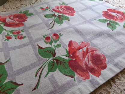 Romantic Lattice Rose Vintage Fabric Piece, Midcentury Style 14" x 31" inches for sewing material, upcycling, pc #1