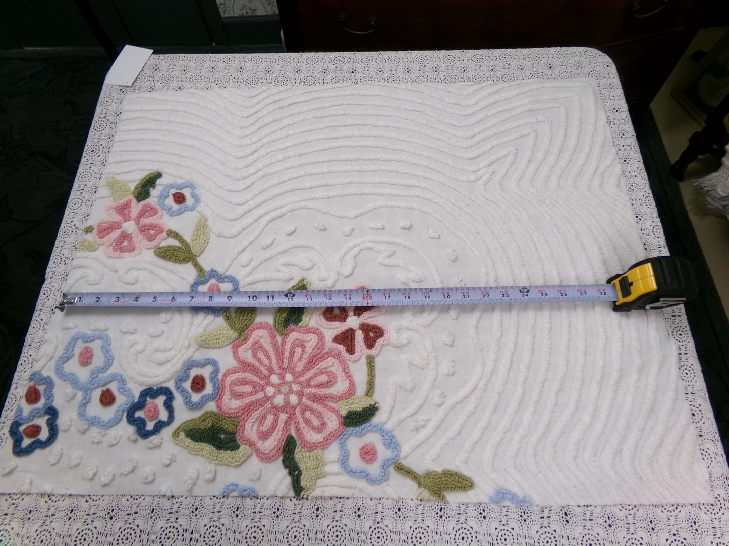 Vintage White Chenille Fabric 29x23" Garden Floral Bouquet