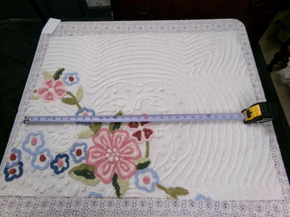 Vintage White Chenille Fabric 29x23" Garden Floral Bouquet