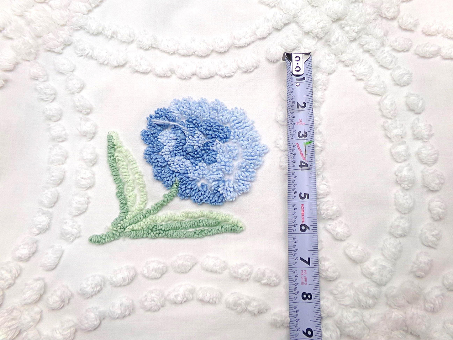 Plush Blue Mum Vintage Chenille Fabric, Tufted Floral on White Cotton 23" x 23" Piece of Sewing Material
