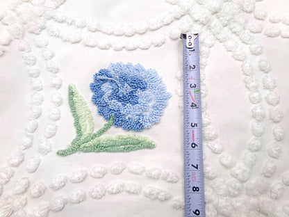 Plush Blue Mum Vintage Chenille Fabric, Tufted Floral on White Cotton 23" x 23" Piece of Sewing Material