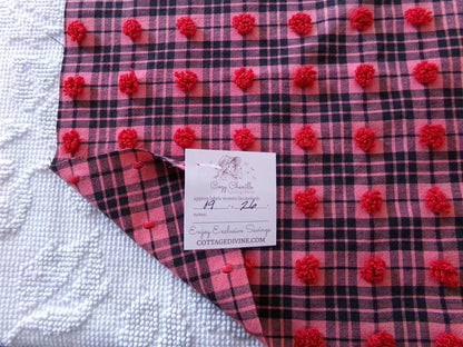 Black Tartan Plaid Vintage Chenille Bedspread Fabric, Texturized Red Dots, 19" x 26" inch Piece, Lightweight Sewing Material