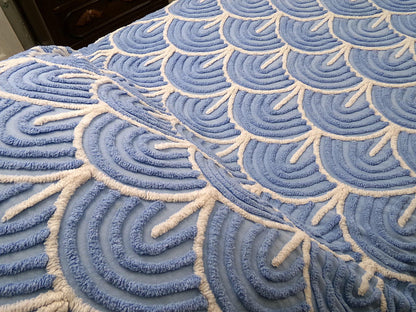 White & Blue Vintage Chenille Bedspread, Tidal Waves, Full Sz Shabby Seaside Cottage Style