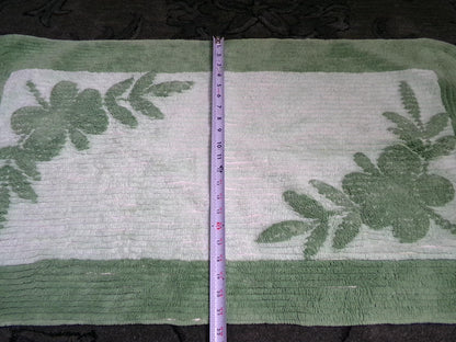 Vintage Green Chenille Rug, Shabby Botanical Leaf Cotton Accent Mat 21.5" x 39.5"