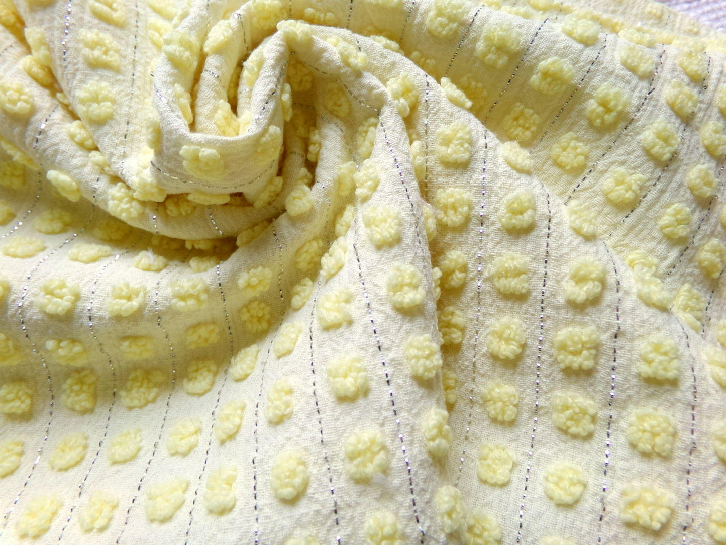 cheery cute yellow pops vintage chenille fabric, nubby dots & silver lurex, 18" x 24" cut piece of sewing material for quilting, crafts