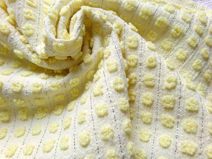 cheery cute yellow pops vintage chenille fabric, nubby dots & silver lurex, 18" x 24" cut piece of sewing material for quilting, crafts