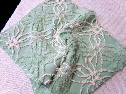 trendy jade green vintage chenille fabric: 18" x 24" piece w/ contrast spider rings for quilting, crafts