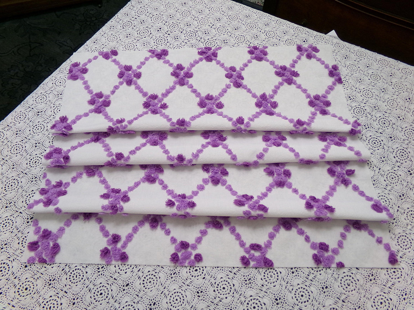 Crocus Buds in Snow Vintage Chenille Fabric, Purple & White 20" x 24" piece