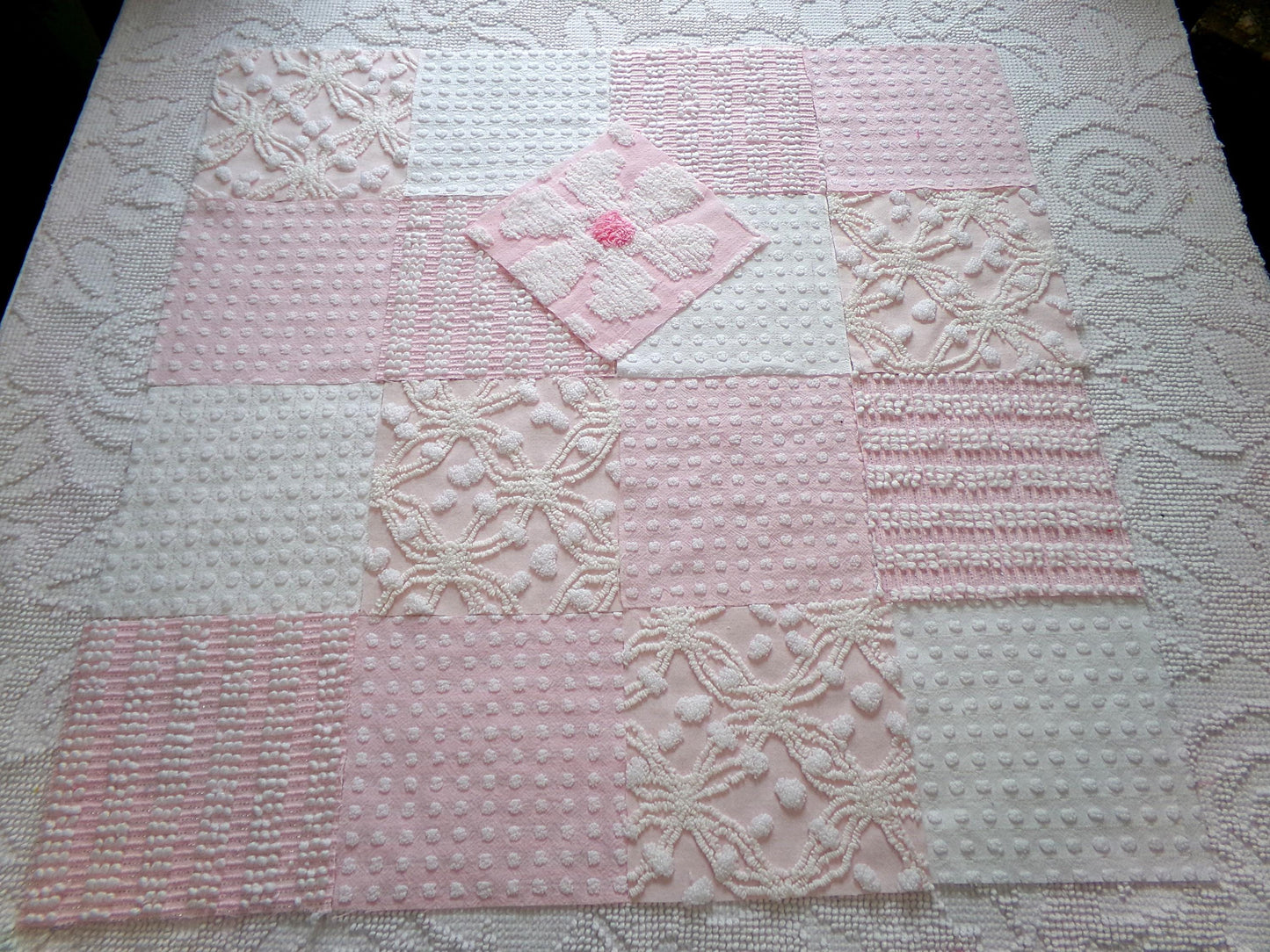 peaceful pinks vintage 6" chenille fabric squares, set of 17 vintage cottage chic quilt blocks for quilting, sewing & crafts