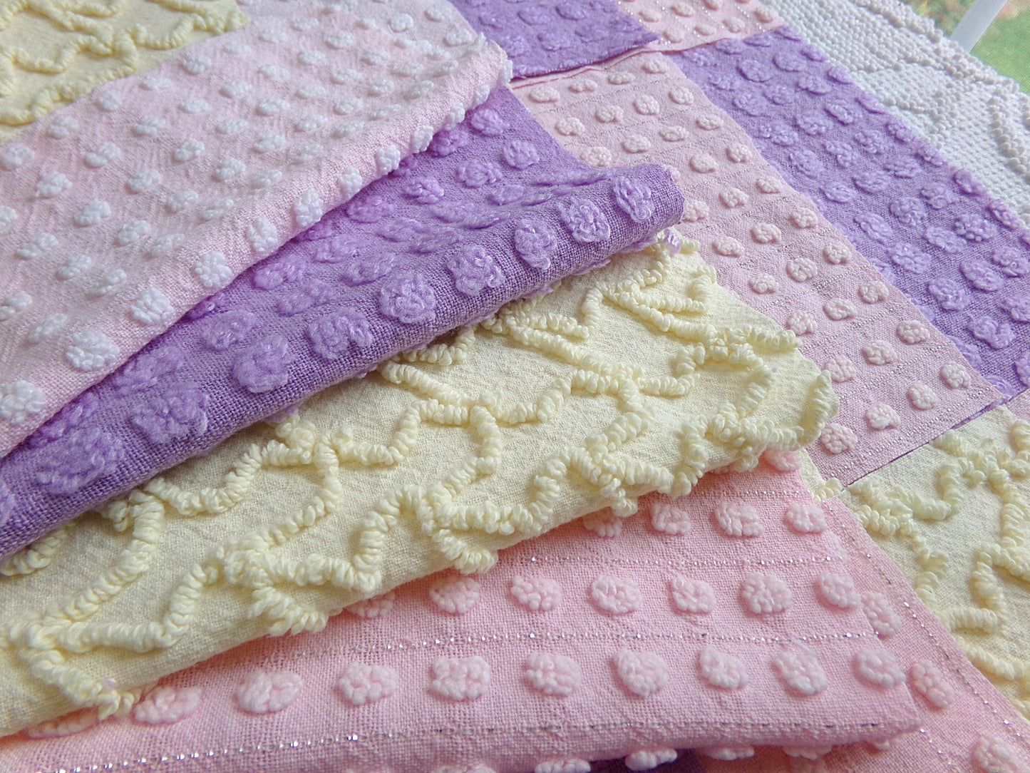 fairy magic 6" vintage chenille fabric squares, set of 16 pink, yellow & lavender quilt blocks for quilting, sewing, crafts