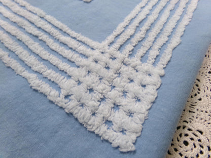 Sky Blue Vintage Chenille Fabric White Geometric Quilt Sewing Material 16.5" x 30"