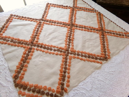 Vintage Boho Style Chenille Fabric, 27" x 24" Cut Piece of Cotton Sewing Material, Pumpkin Spice & Nutmeg Wideset Lattice Design