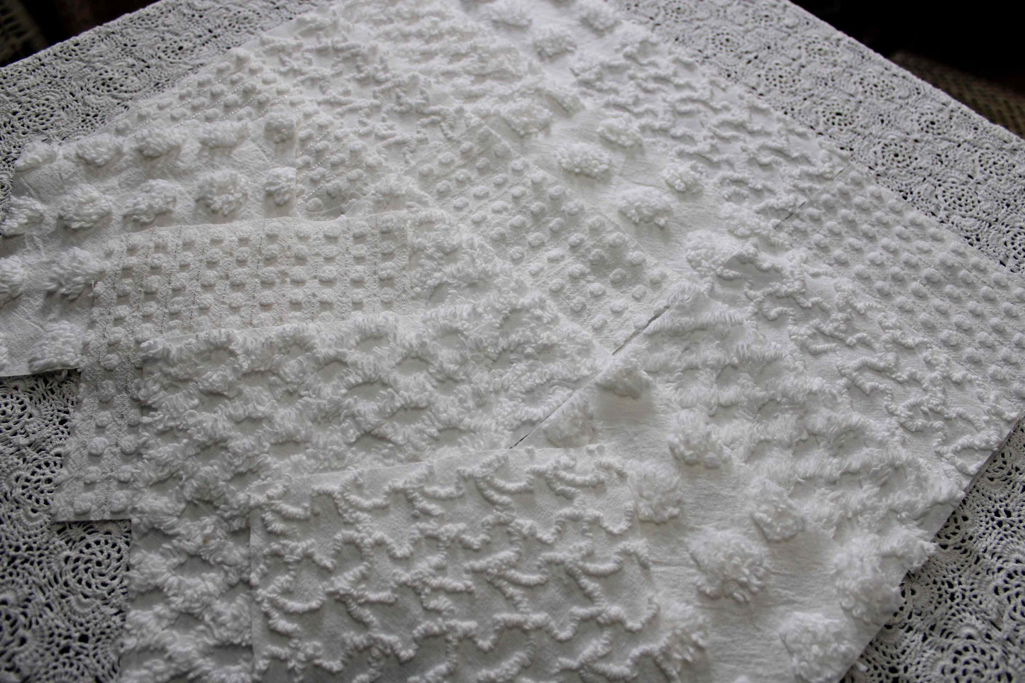 white chenille fabric squares in great textures, coin dots, lattice, mini pop sparkle & squiggles, 16 vintage quilt blocks, 6" x 6" ea
