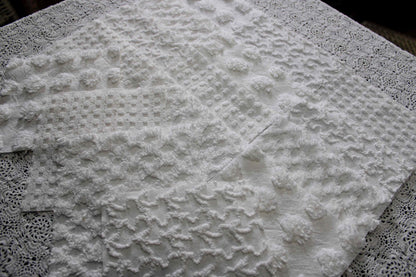 white chenille fabric squares in great textures, coin dots, lattice, mini pop sparkle & squiggles, 16 vintage quilt blocks, 6" x 6" ea