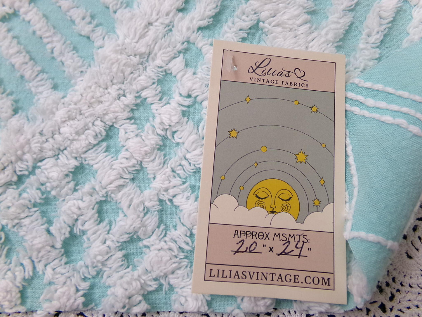 Aqua White Vintage Chenille Fabric 20x24" Geometric Quilt Material