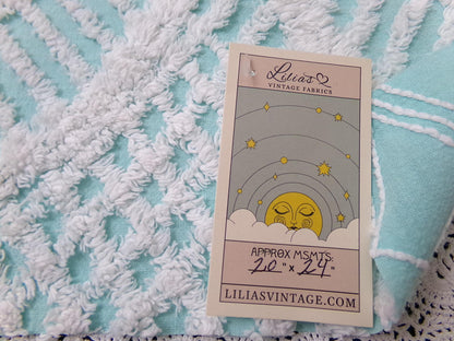 Aqua White Vintage Chenille Fabric 20x24" Geometric Quilt Material