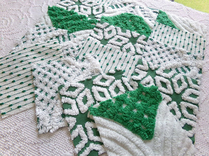 preppy green chenille fabric squares, set of 16 vintage 6" craft blocks, geometric designs for quilt inlays, pillows, fiber arts