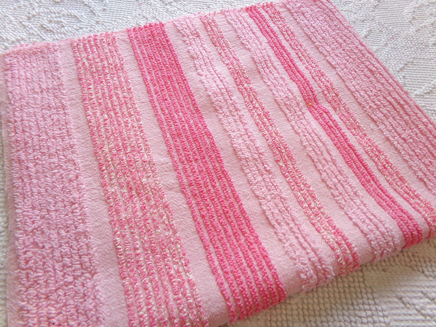 multisize pink striped vintage chenille fabric, ultra lightweight 18" x 24" piece of sewing material w/ variegated stripe lines