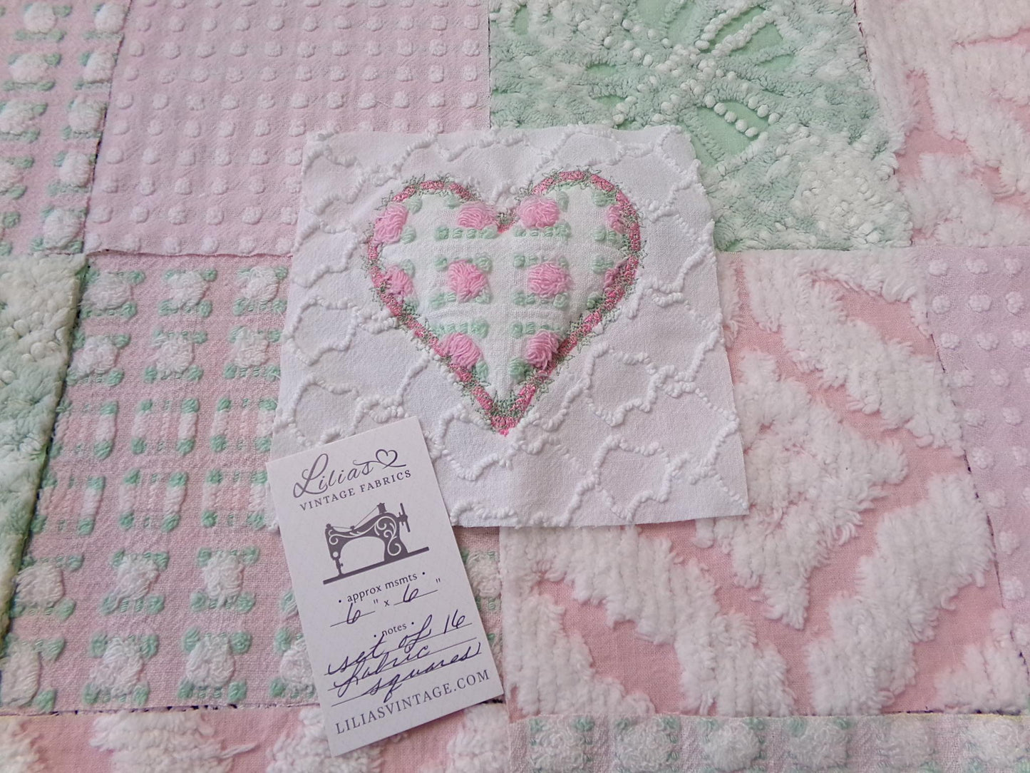 Vintage Chenille Quilt Squares, Pink Green, White 6" Fabric Blocks, Set of 17 for Quilting & Crafts
