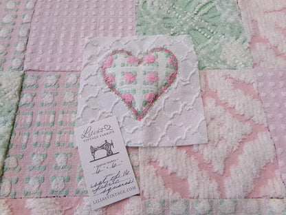 Vintage Chenille Quilt Squares, Pink Green, White 6" Fabric Blocks, Set of 17 for Quilting & Crafts