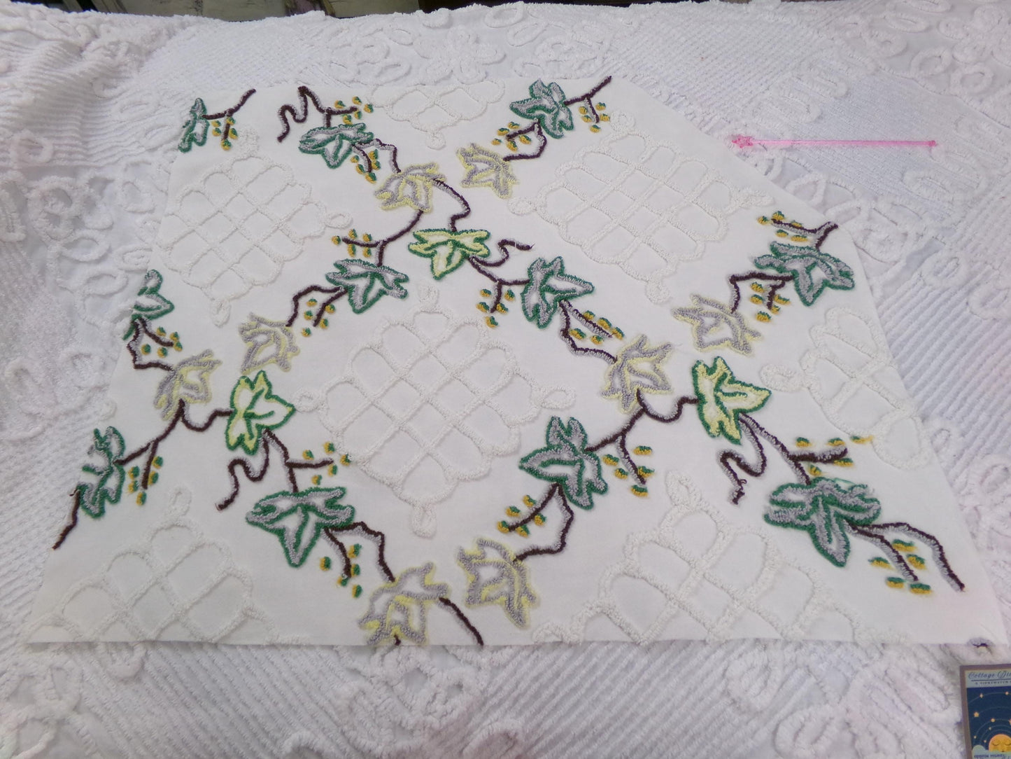 rambling ivy vintage chenille fabric, 21" x 24" irregular cut piece, unique tufted leaf design on antique white, great in pillows, quilts