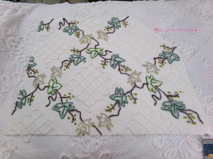 rambling ivy vintage chenille fabric, 21" x 24" irregular cut piece, unique tufted leaf design on antique white, great in pillows, quilts