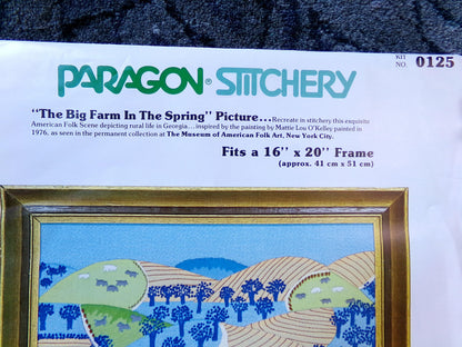 Vintage The BIG FARM In The SPRING Paragon Crewel Embroidery Kit #0125, American Folk Art Stitchery, Susan Goldsmith