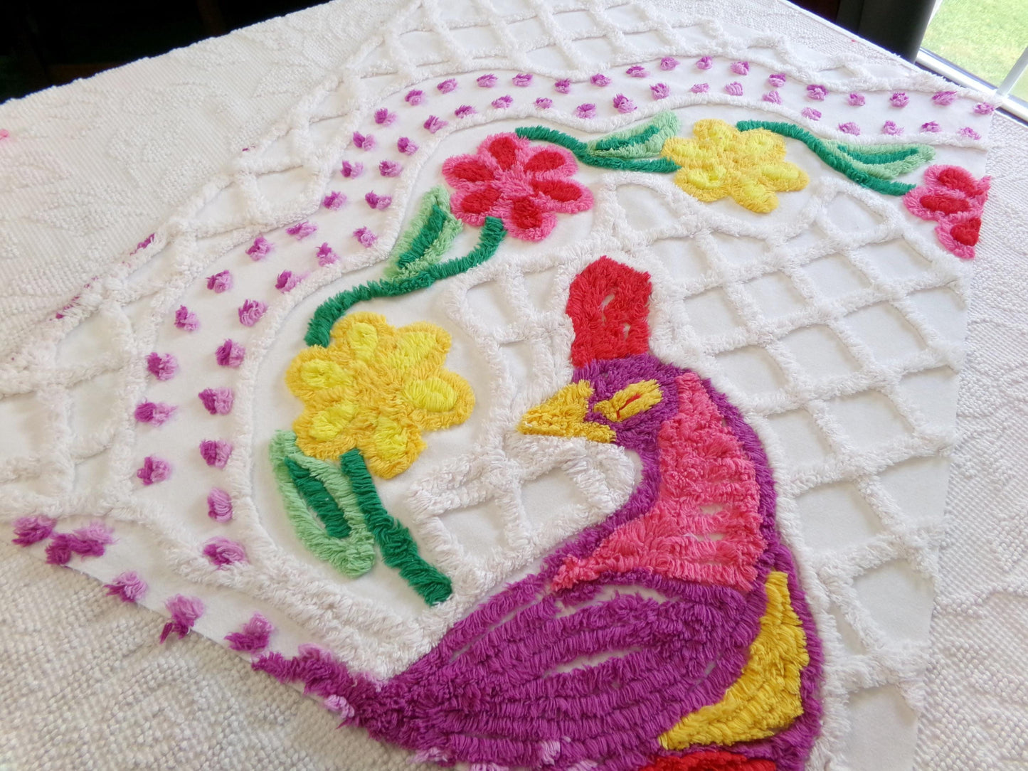 colorful peacock vintage chenille fabric piece, 19" x 25" panel, great for wallhanging or quilt inlay