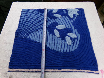 vintage chenille bedspread fabric, mystic blue fan floral sewing material, 22" x 21" piece