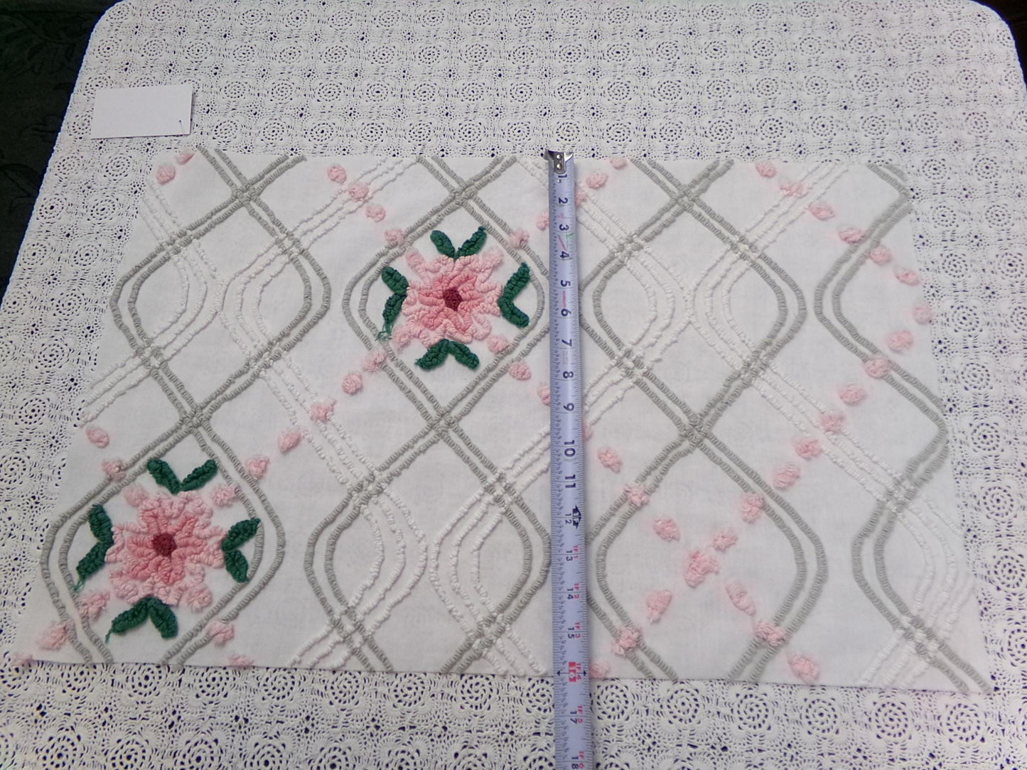 Dove Grey Pink Rose Vintage Chenille Bedspread Fabric Quilt Sewing Material 15" x 24"