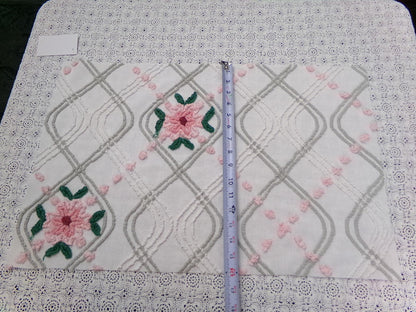 Dove Grey Pink Rose Vintage Chenille Bedspread Fabric Quilt Sewing Material 15" x 24"