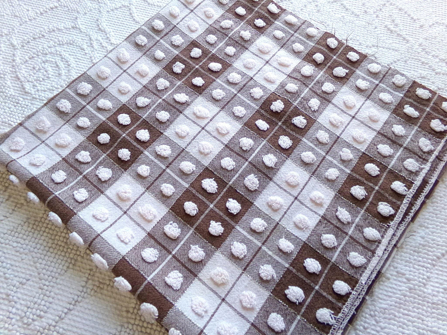 vintage chenille fabric: 18" x 24" cut piece of brown & white popcorn cotton material for quilting, sewing cute teddy bears