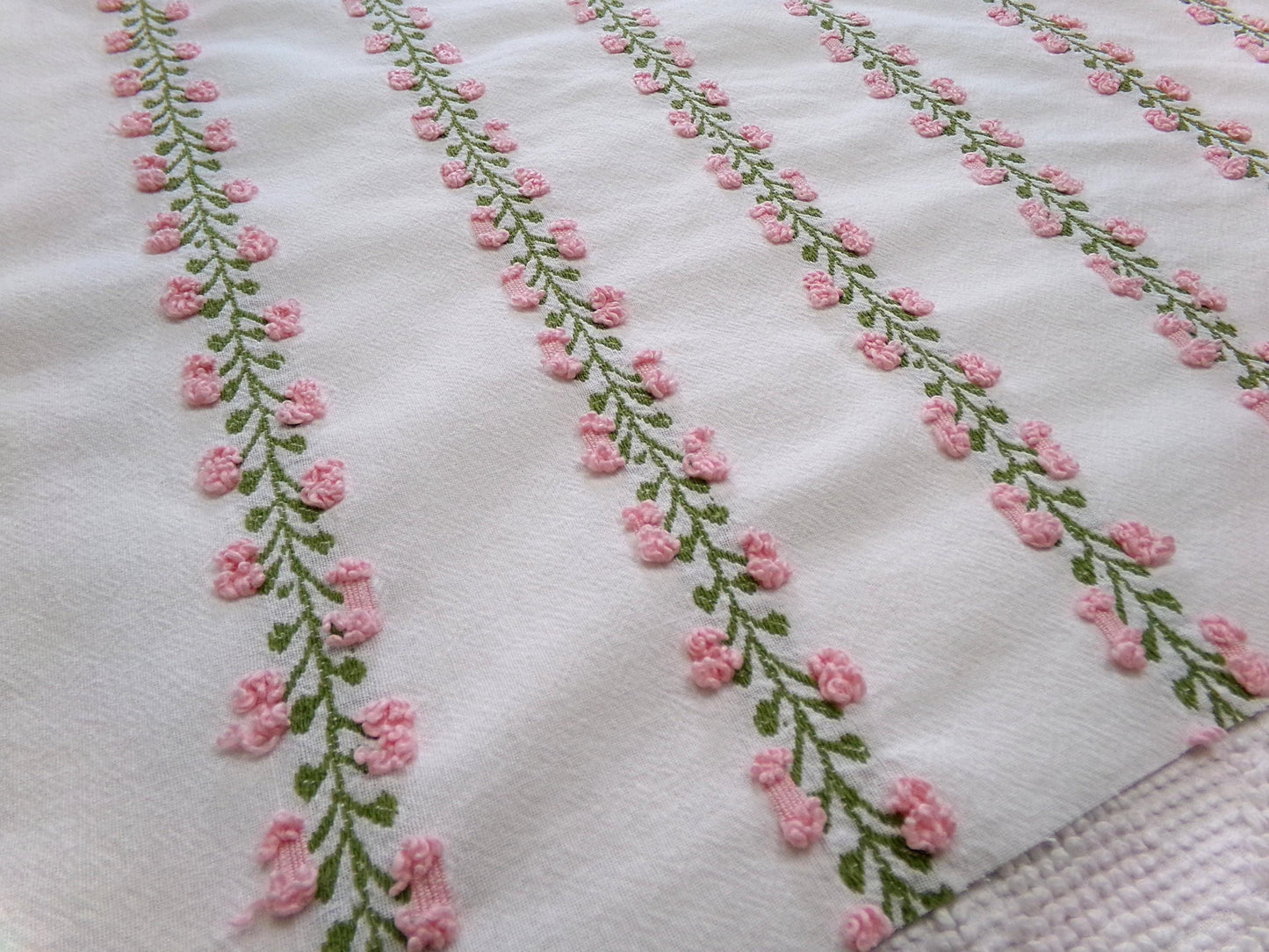 Vintage Rosebud Chenille Fabric, Pink Ivy Rose Design, 18" x 24" Piece of Lightweight Cotton Sewing & Quilting Material