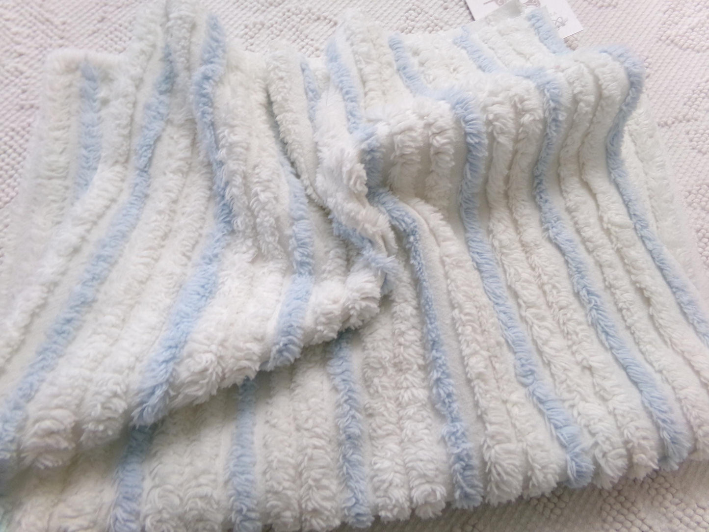 simple blue & white striped vintage chenille bedspread fabric, versatile sewing material 17" x 24"