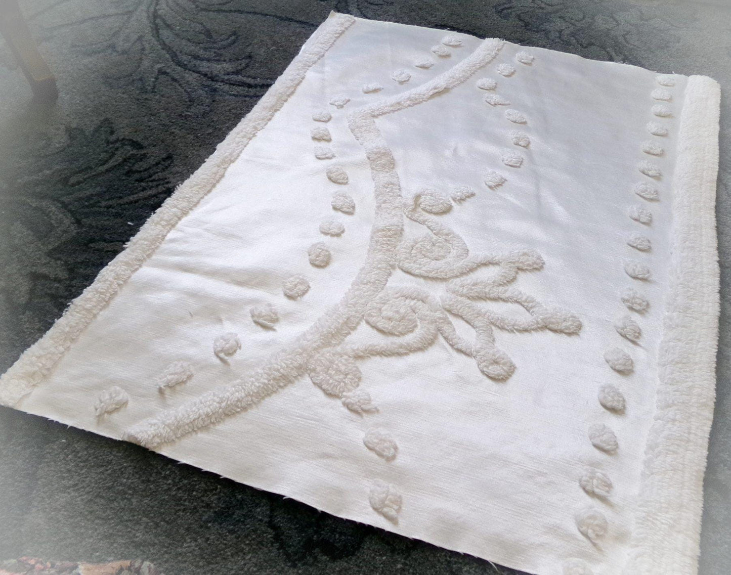 Vintage White Satin Chenille Bedspread Fabric, Shabby Chic 19x25" Piece