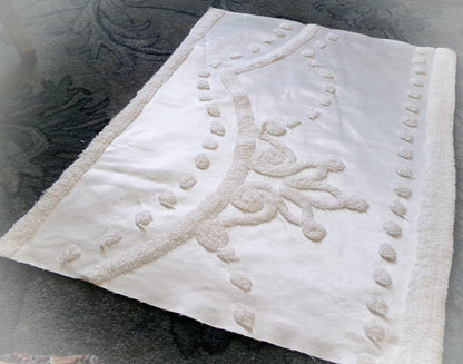 Vintage White Satin Chenille Bedspread Fabric, Shabby Chic 19x25" Piece