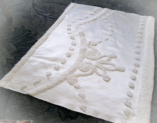 Vintage White Satin Chenille Bedspread Fabric, Shabby Chic 19x25" Piece