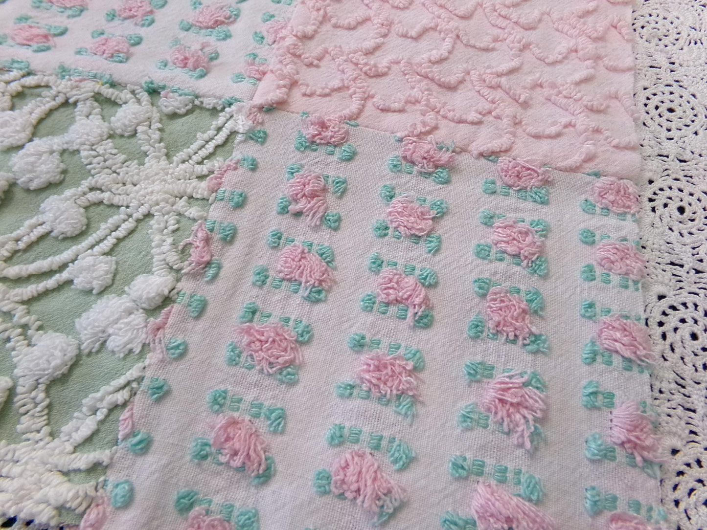 Vintage Patchwork Chenille Fabric Craft Panel, 16" Square, Cottage Style DIY Pillows
